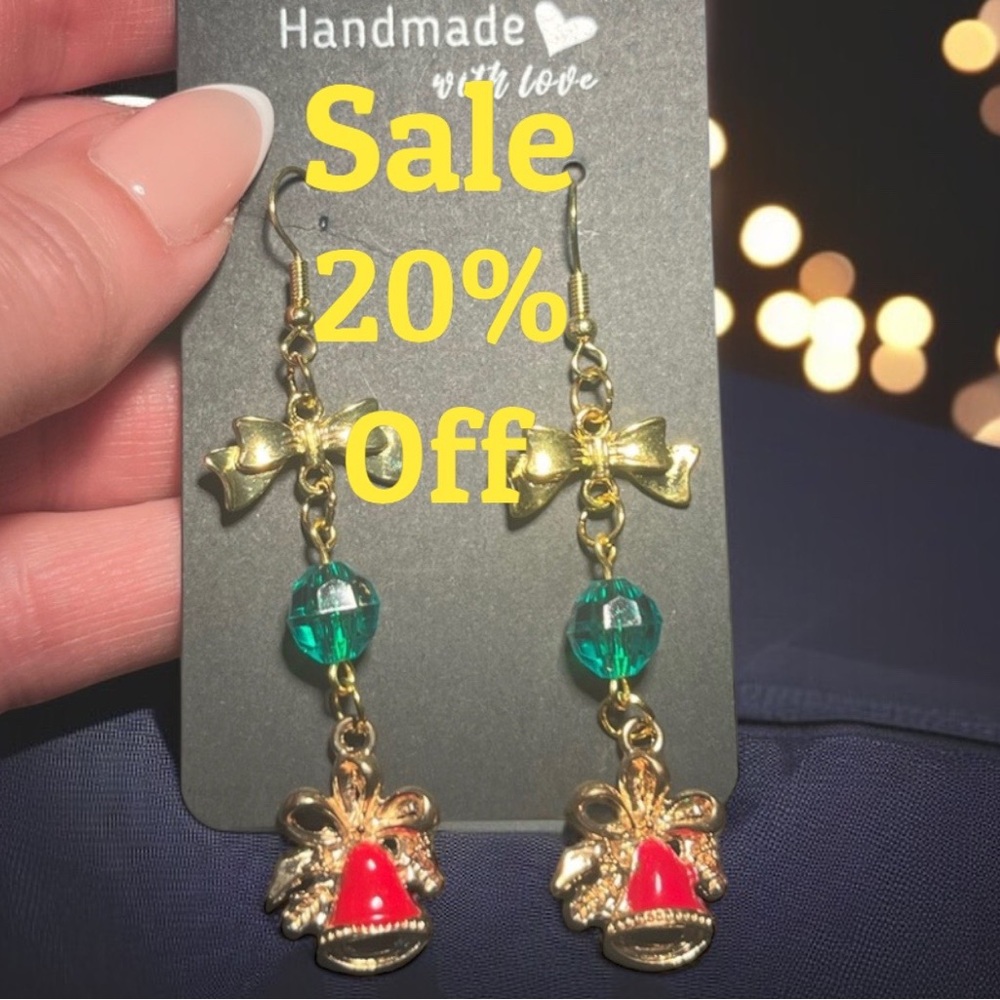 Handmade Gold Bow & Bell Drop Earrings with Green Beads